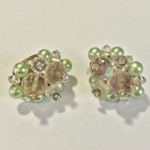 Glam vintage glass and beaded clip on earrings